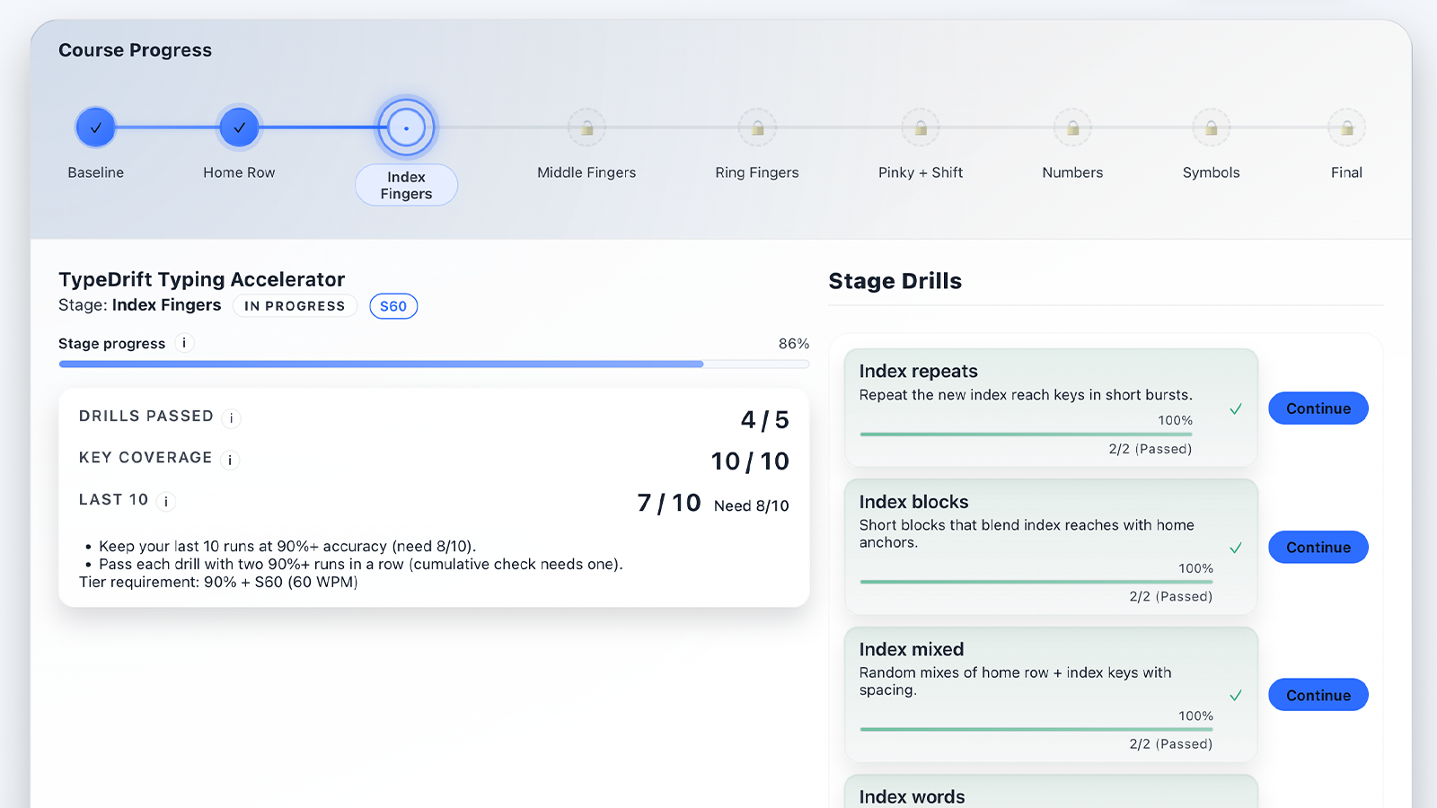 TypeDrift Accelerator guided course dashboard