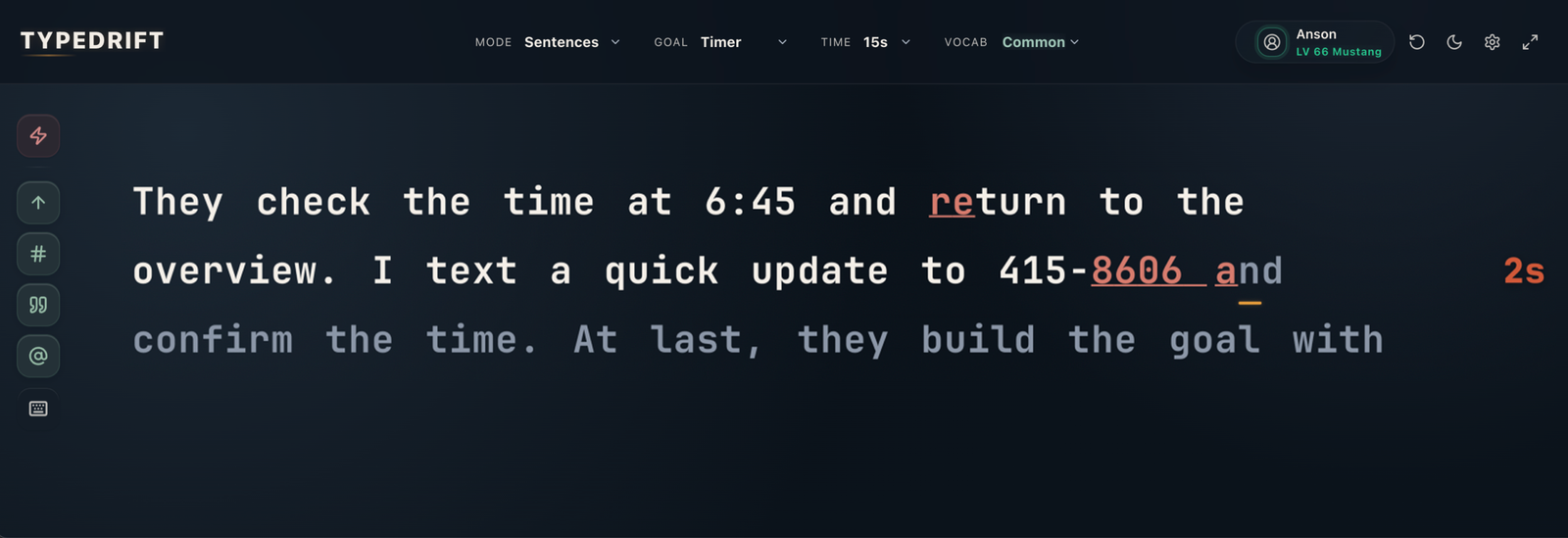 TypeDrift typing dashboard and practice modes