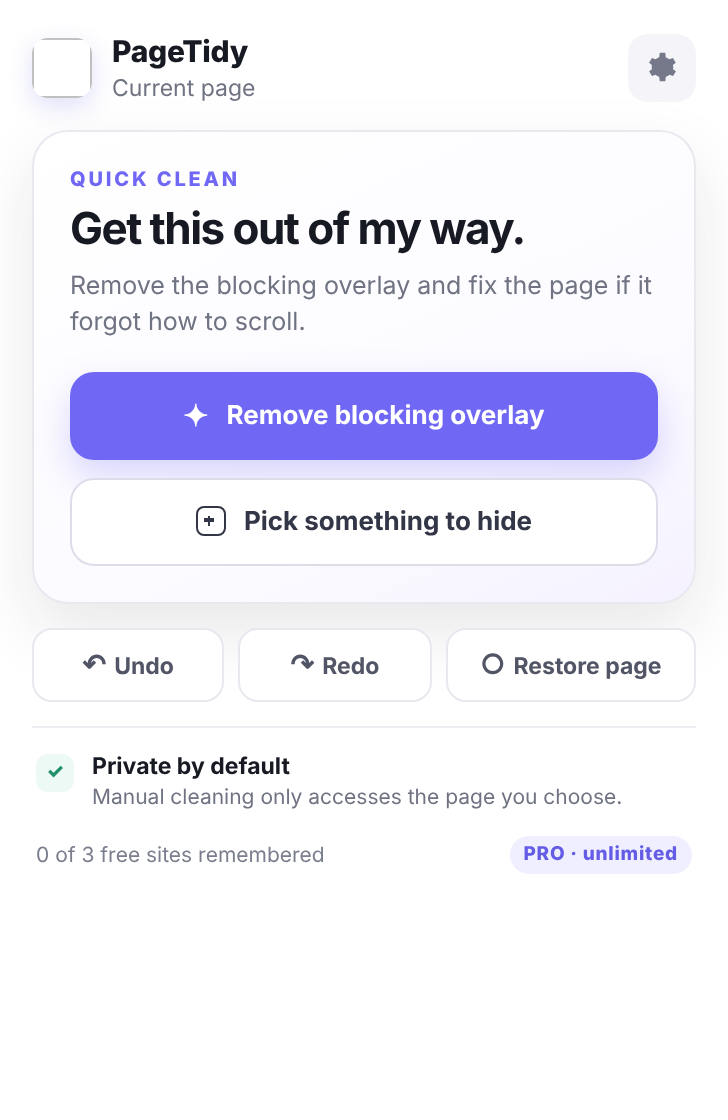 PageTidy browser extension popup