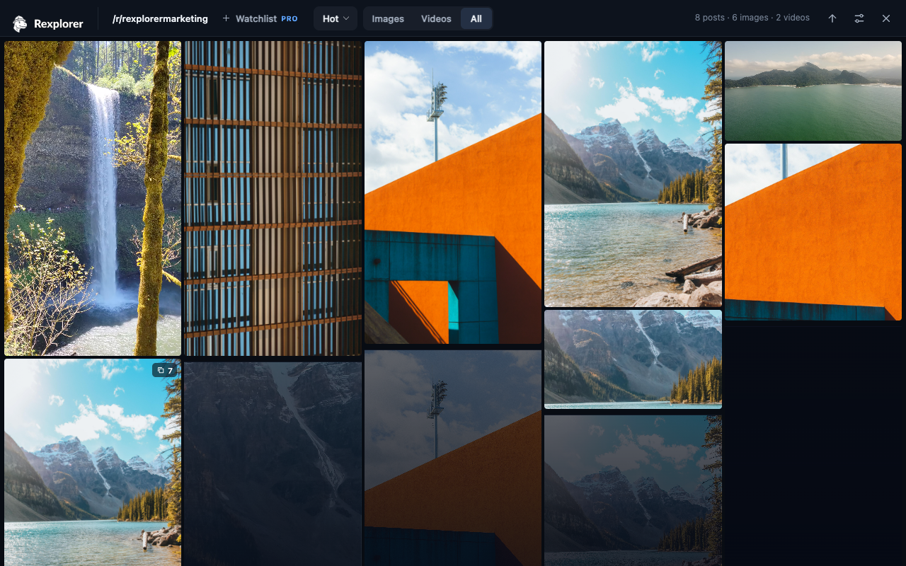 Rexplorer Reddit media gallery showing images, galleries and video in a masonry grid